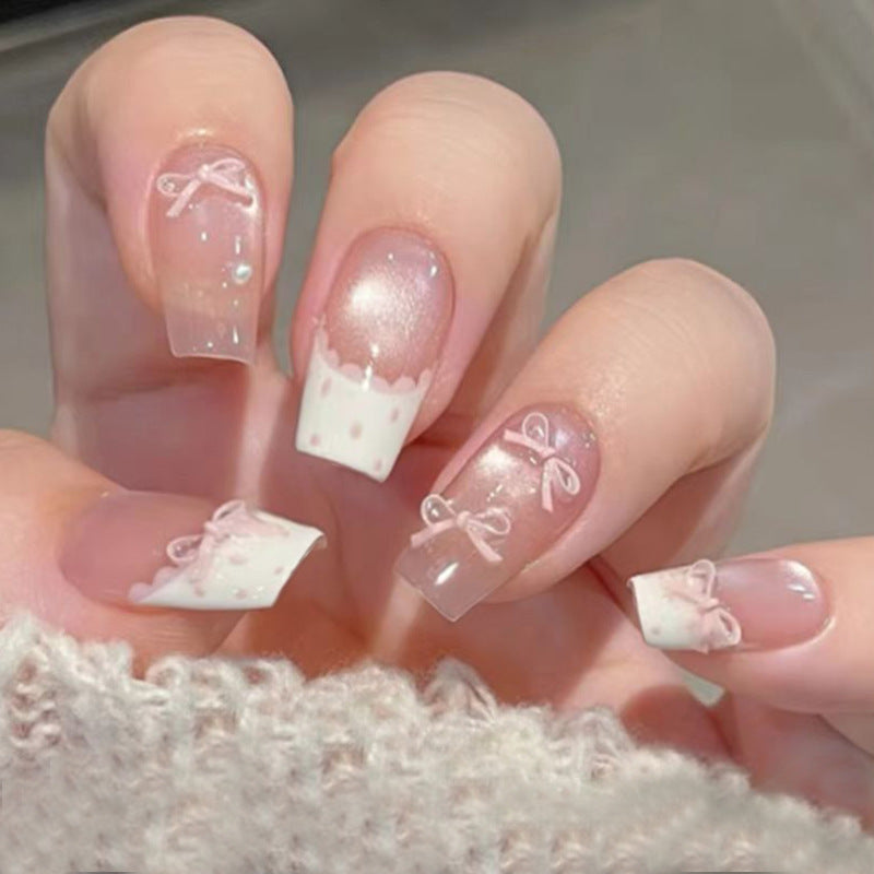 Sweet Delight Long Coffin Pink and White Press On Nail Set with Charming Bow Accents