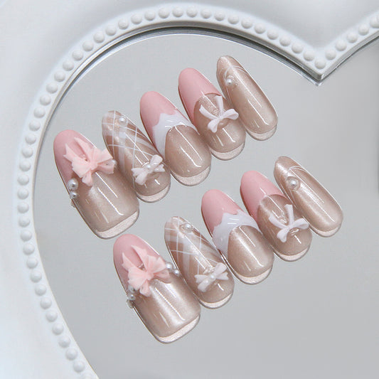Chic Romance Long Almond Pink and Beige with Bow Accents Press On Nail Set