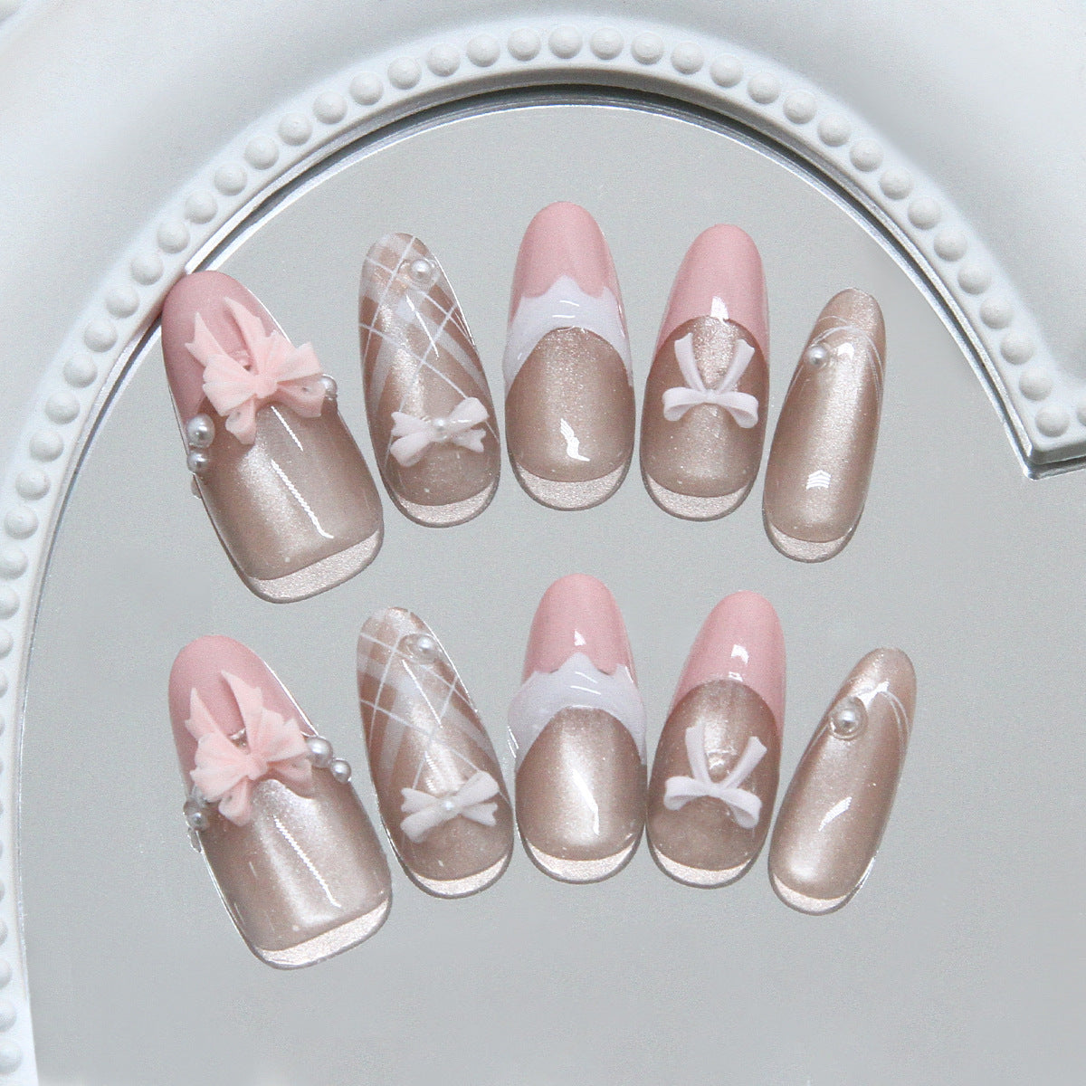 Charming Elegance Long Almond Blush Pink and Shimmery Beige with Bow and Pearl Accents Press-On Nail Set