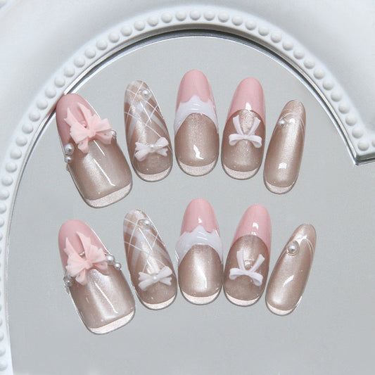 Charming Elegance Long Almond Blush Pink and Shimmery Beige with Bow and Pearl Accents Press-On Nail Set