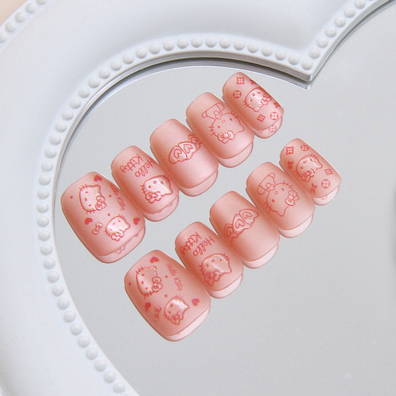 Charming Hello Kitty Inspired Short Square Pink Press-On Nail Set with Adorable Character Designs
