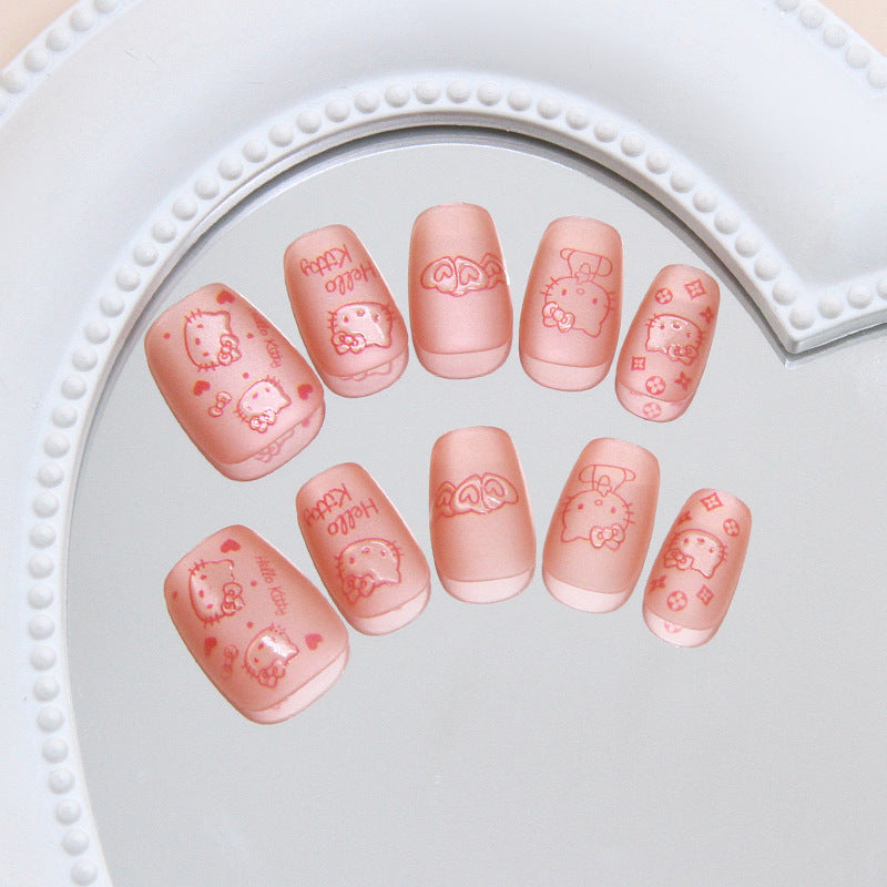 Kawaii Dreamy Short Square Pink Matte Nail Set with Adorable Character Prints