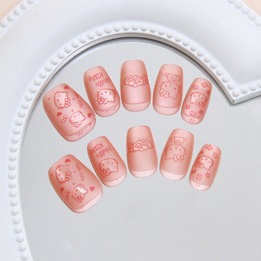 Kawaii Dreamy Short Square Pink Matte Nail Set with Adorable Character Prints