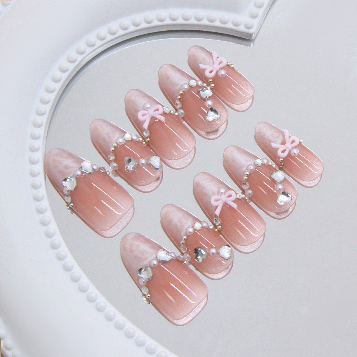 Charming Elegance Long Almond Blush Pink with Pearl and Bow Accents Press-On Nail Set
