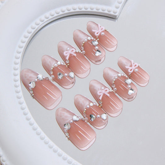 Charming Elegance Long Almond Blush Pink with Pearl and Bow Accents Press-On Nail Set