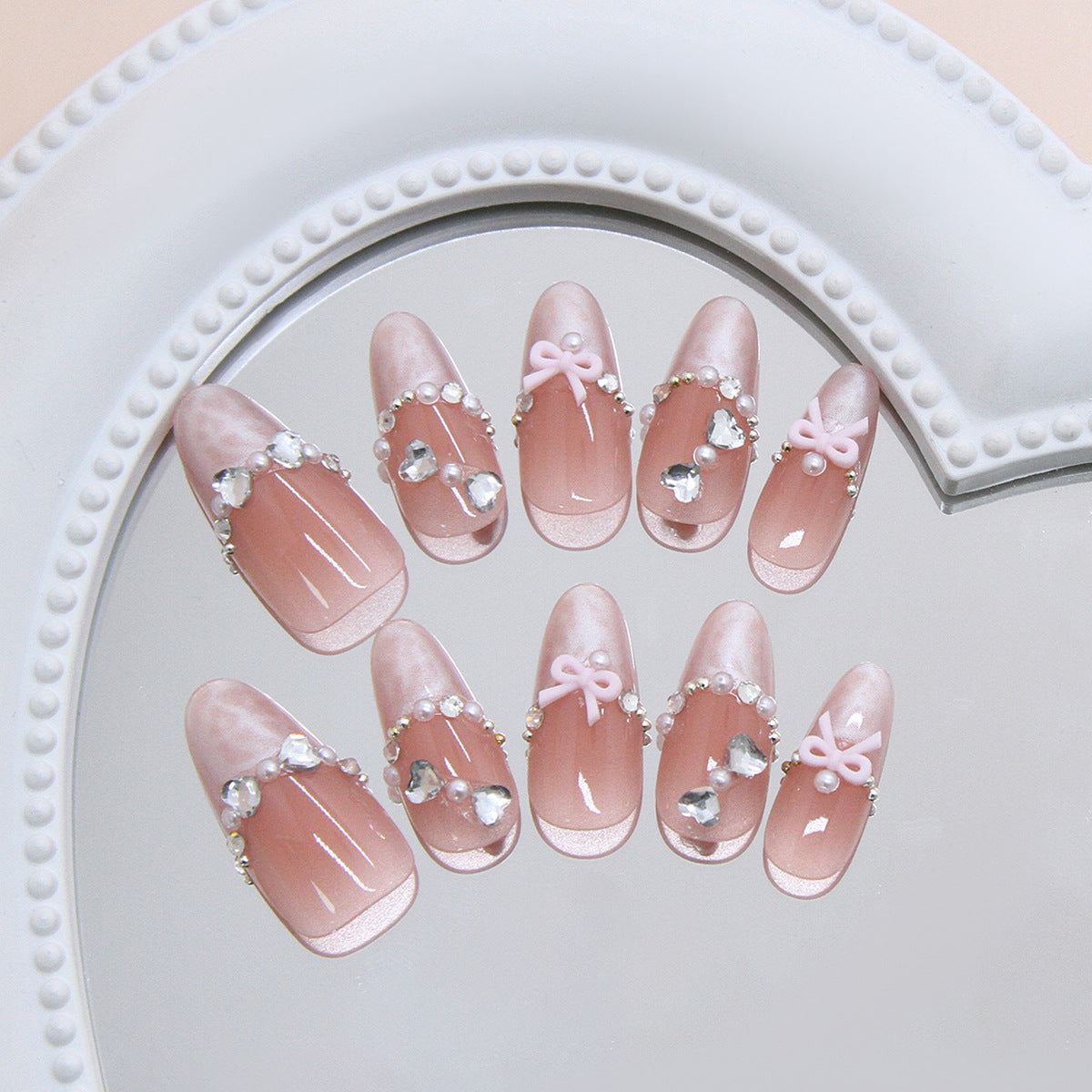 Charming Blossom Long Almond Pink Ombre Press On Nail Set with Rhinestone Accents