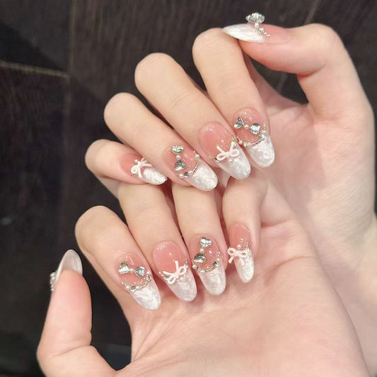 Whimsical Elegance Long Almond White with Decorative Rhinestones Nail Set