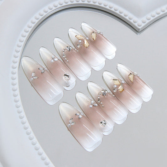 Elegant Floral Bliss Long Almond Shaped Ombre Pink with Sparkling Rhinestones Press-On Nail Set