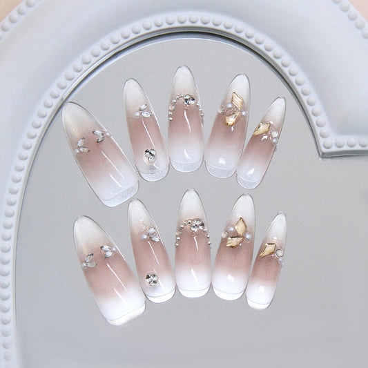 Celestial Elegance Long Almond Ombre Pink with Stunning Gemstone Accents Press On Nail Set