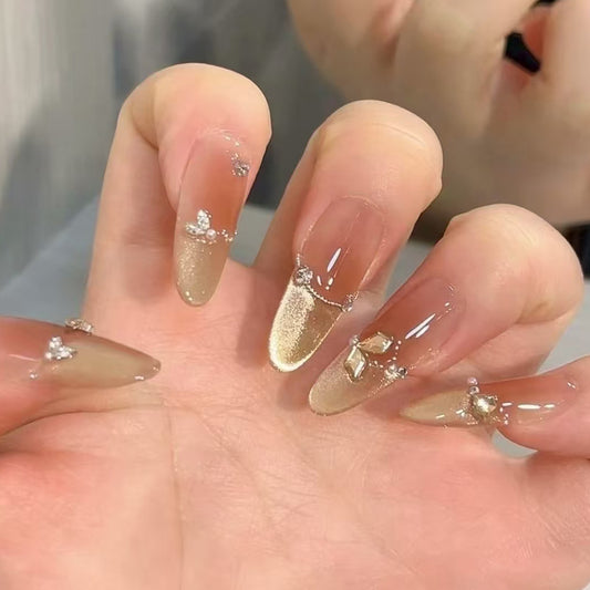 Glamorous Elegance Long Almond Natural Beige Press On Nail Set with Stunning Gemstone Accents