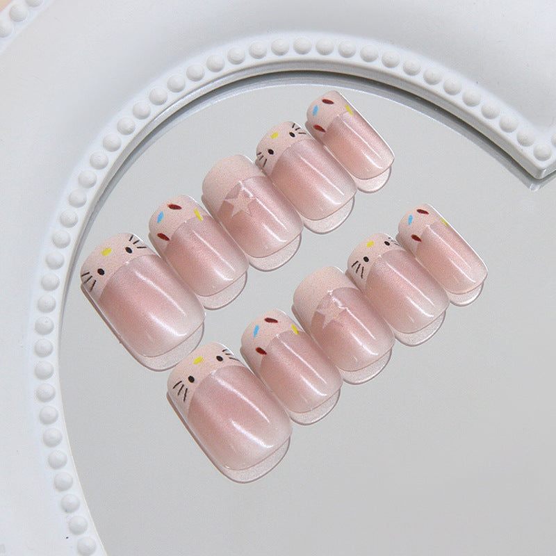Whimsical Whiskers Cute Short Square Pink Press On Nail Set with Adorable Kitty Designs