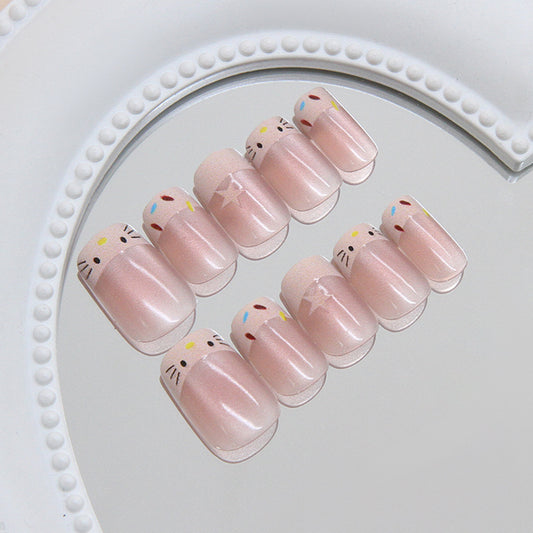 Whimsical Whiskers Cute Short Square Pink Press On Nail Set with Adorable Kitty Designs