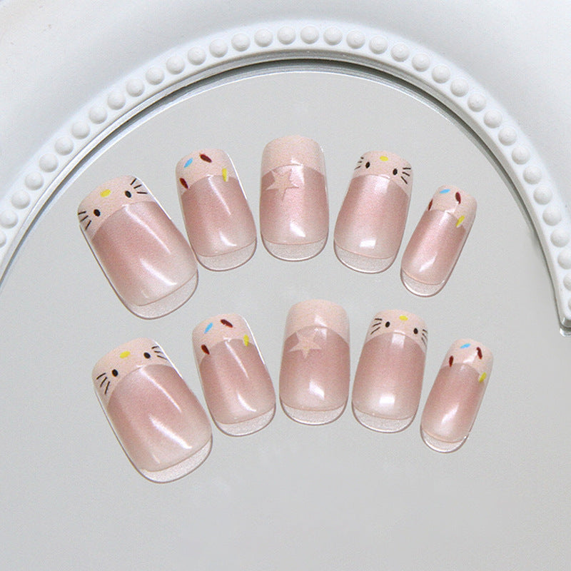 Whimsical Charm Short Square Pink Cute Character Press-On Nail Set with Glitter Accents