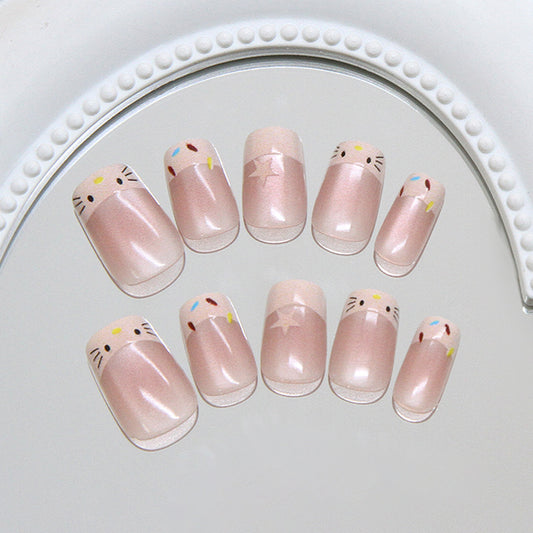 Whimsical Charm Short Square Pink Cute Character Press-On Nail Set with Glitter Accents