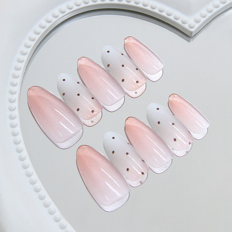 Chic Blossom Long Almond Shaped Soft Pink and White Gradient Press-On Nail Set with Dazzling Dot Accents