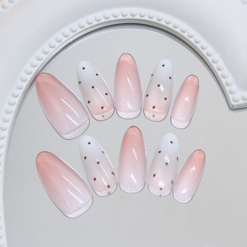 Glamorous Dreamy Long Almond Blush Pink and White Ombre Nail Set with Sparkling Dots