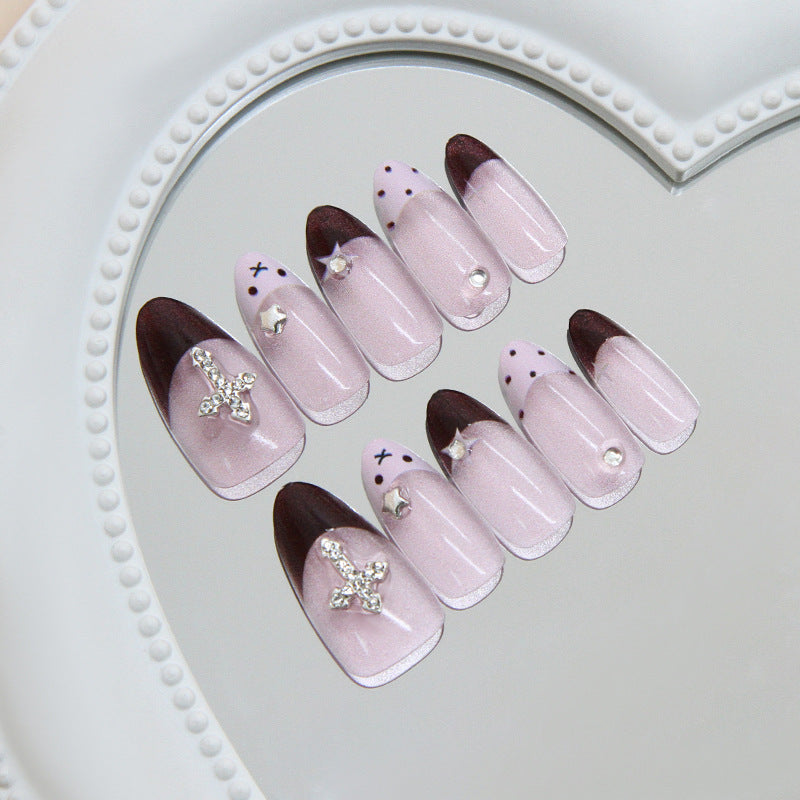 Mystical Elegance Long Almond Ombre Pink with Shimmering Cross Accents Press On Nail Set