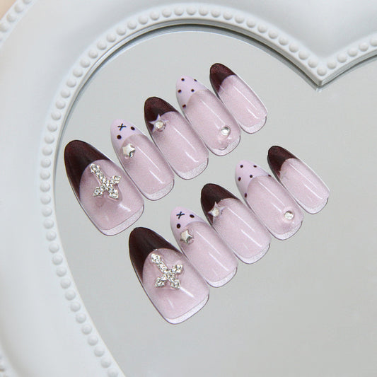 Mystical Elegance Long Almond Ombre Pink with Shimmering Cross Accents Press On Nail Set
