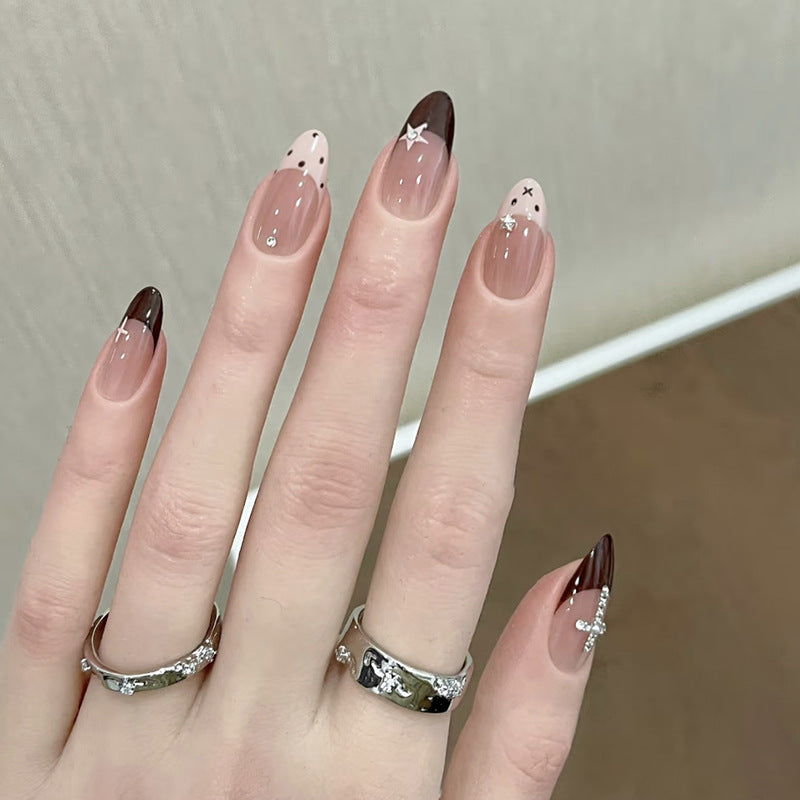 Chic Autumn Elegance Long Almond Brown Ombre with Glittering Star Accents Press on Nail Set
