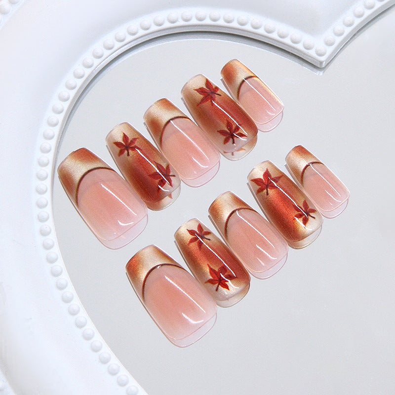 Autumn Elegance Long Square Gradient Pink with Artistic Leaf Design Press On Nail Set