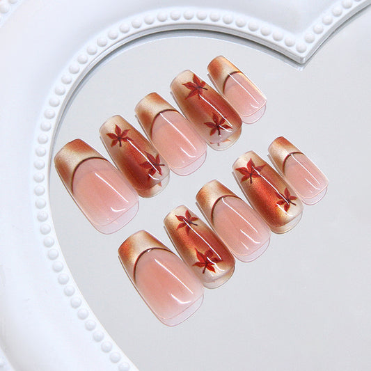 Autumn Elegance Long Square Gradient Pink with Artistic Leaf Design Press On Nail Set