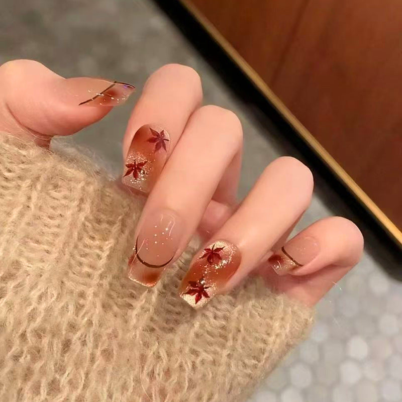 Autumn Enchantment Long Square Translucent Brown with Autumn Leaf Design Press On Nail Set