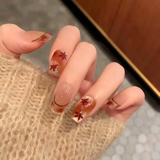 Autumn Enchantment Long Square Translucent Brown with Autumn Leaf Design Press On Nail Set