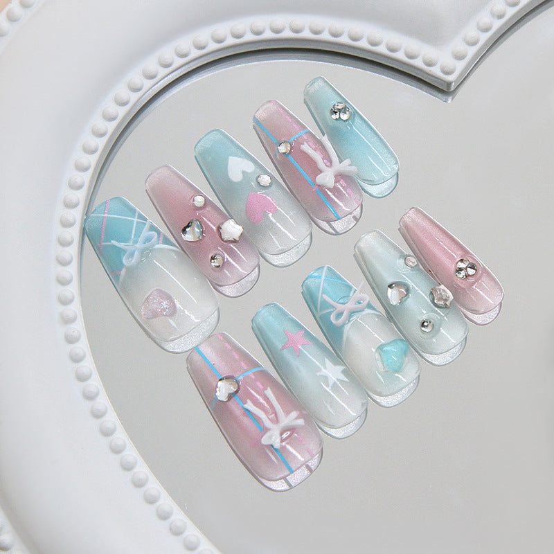 Charming Dreamland Long Coffin Pastel Blue and Pink with Adorable Gemstone Accents Press On Nail Set
