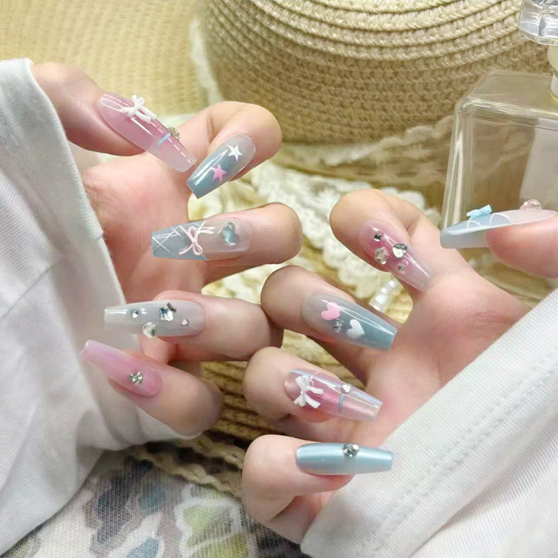 Whimsical Dream Press On Nail Set Long Coffin Pink and Blue with Heart and Bow Accents