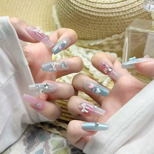 Whimsical Dream Press On Nail Set Long Coffin Pink and Blue with Heart and Bow Accents