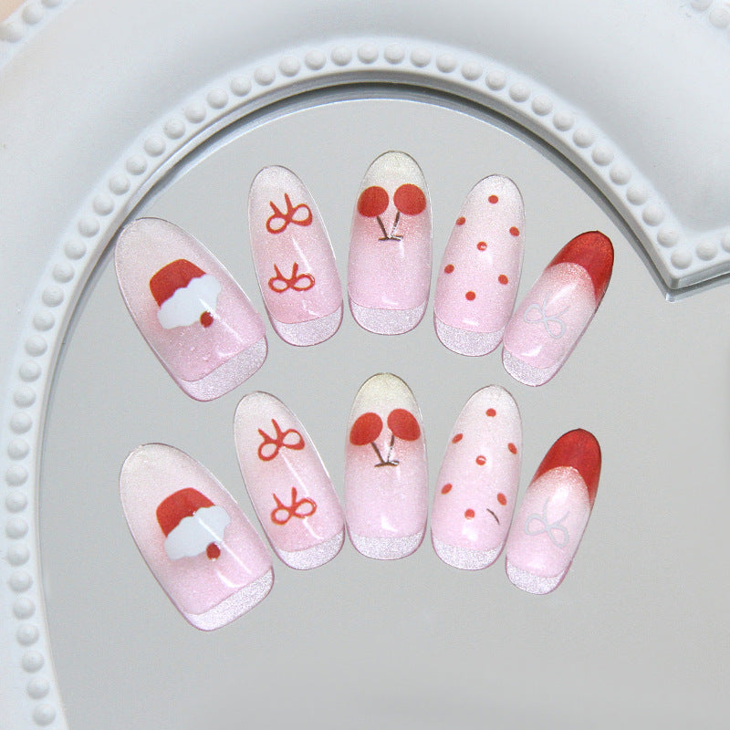 Festive Charm Long Oval Pink with Cute Red Whimsy Press On Nail Set