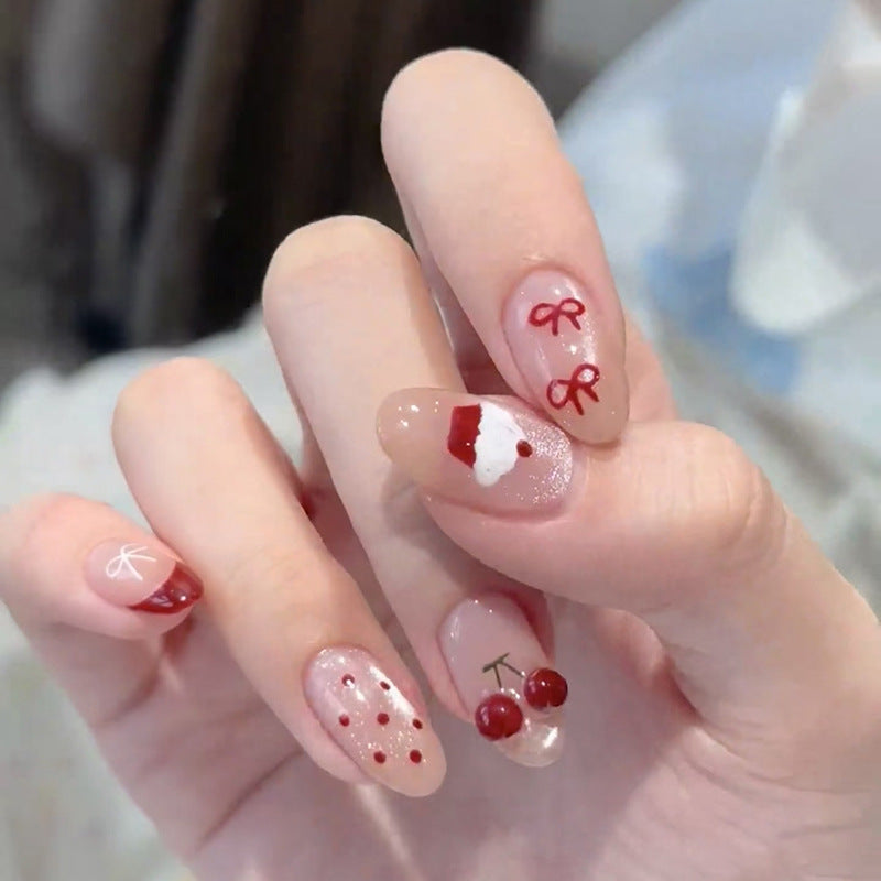 Holiday Cheer Long Oval Red with Whimsical Santa and Cherry Design Press On Nail Set
