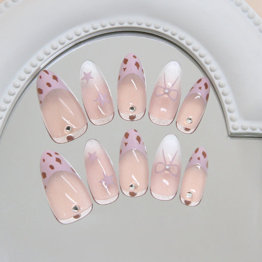 Chic Starry Night Press-On Nail Set Medium Almond Pink with Adorable Decorative Elements