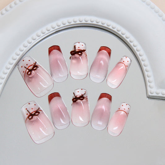 Choco Sweet Romance Medium Coffin Gradient Pink with Charming Bow Nail Set