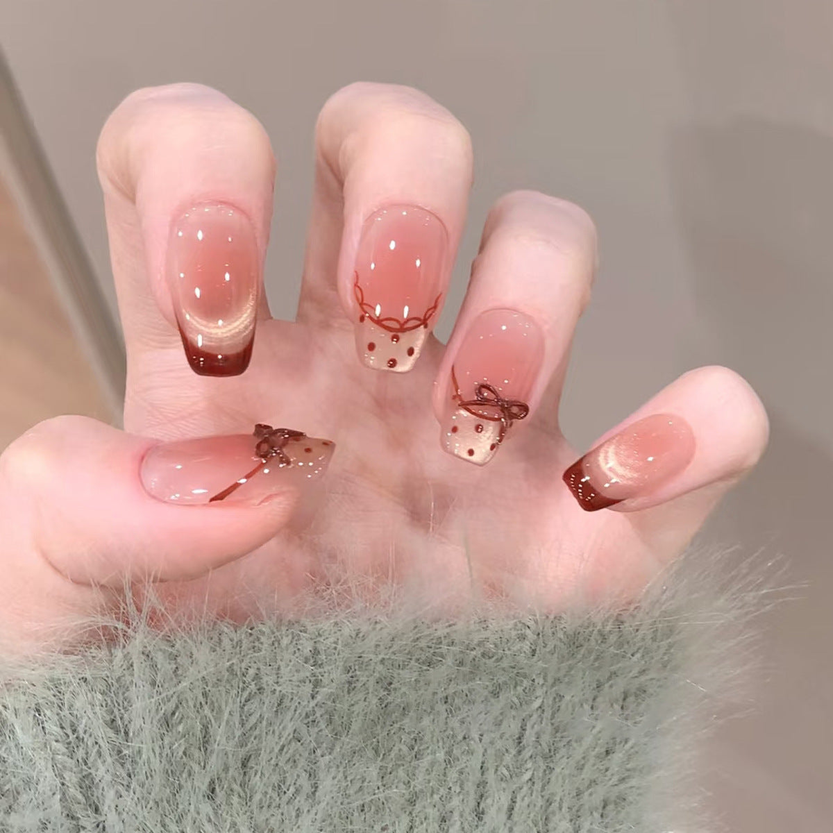 Chic Elegance Medium Coffin Pink Ombre with Adorable Bow Accent Press On Nail Set
