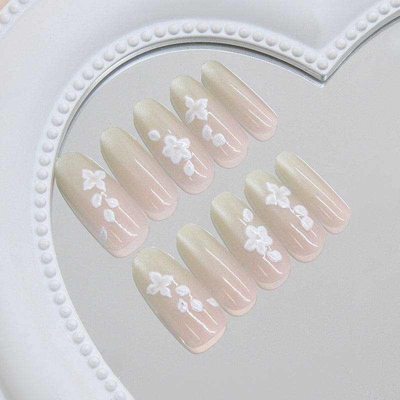 Blooming Serenity Elegant Long Oval Shaped Beige Floral Design Press On Nail Set