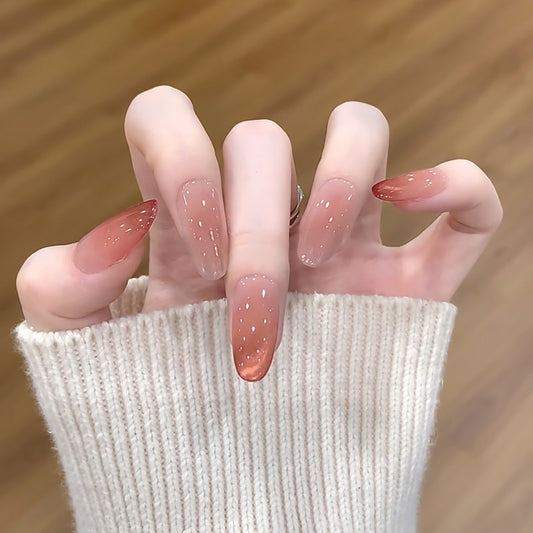 Glistening Autumn Inspired Long Oval Pink Ombre with Glitter Tip Press On Nail Set