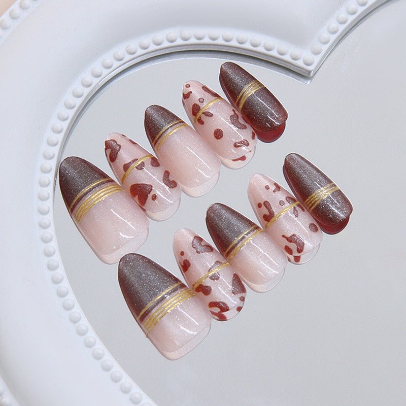 Chic Elegance Medium Almond Pink and Brown Ombre with Golden Accent Press On Nail Set