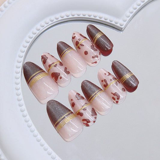 Chic Elegance Medium Almond Pink and Brown Ombre with Golden Accent Press On Nail Set