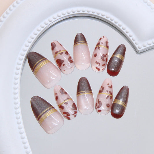 Chic Safari Almond Shaped Medium Gradient Brown Press On Nail Set with Gold Accents