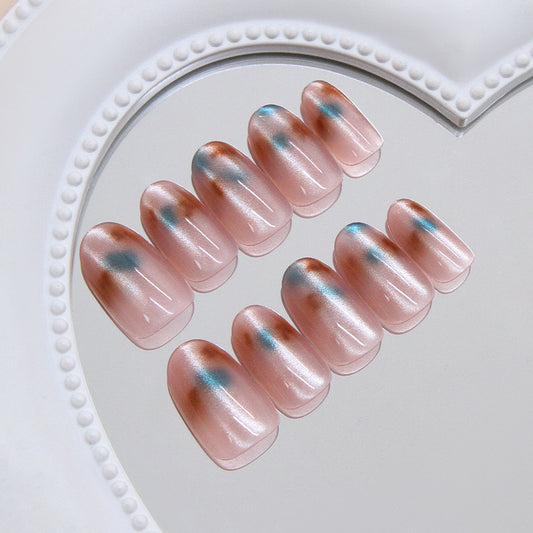 Glistening Dreamy Short Oval Shaped Blush Pink Press On Nail Set with Iridescent Accents