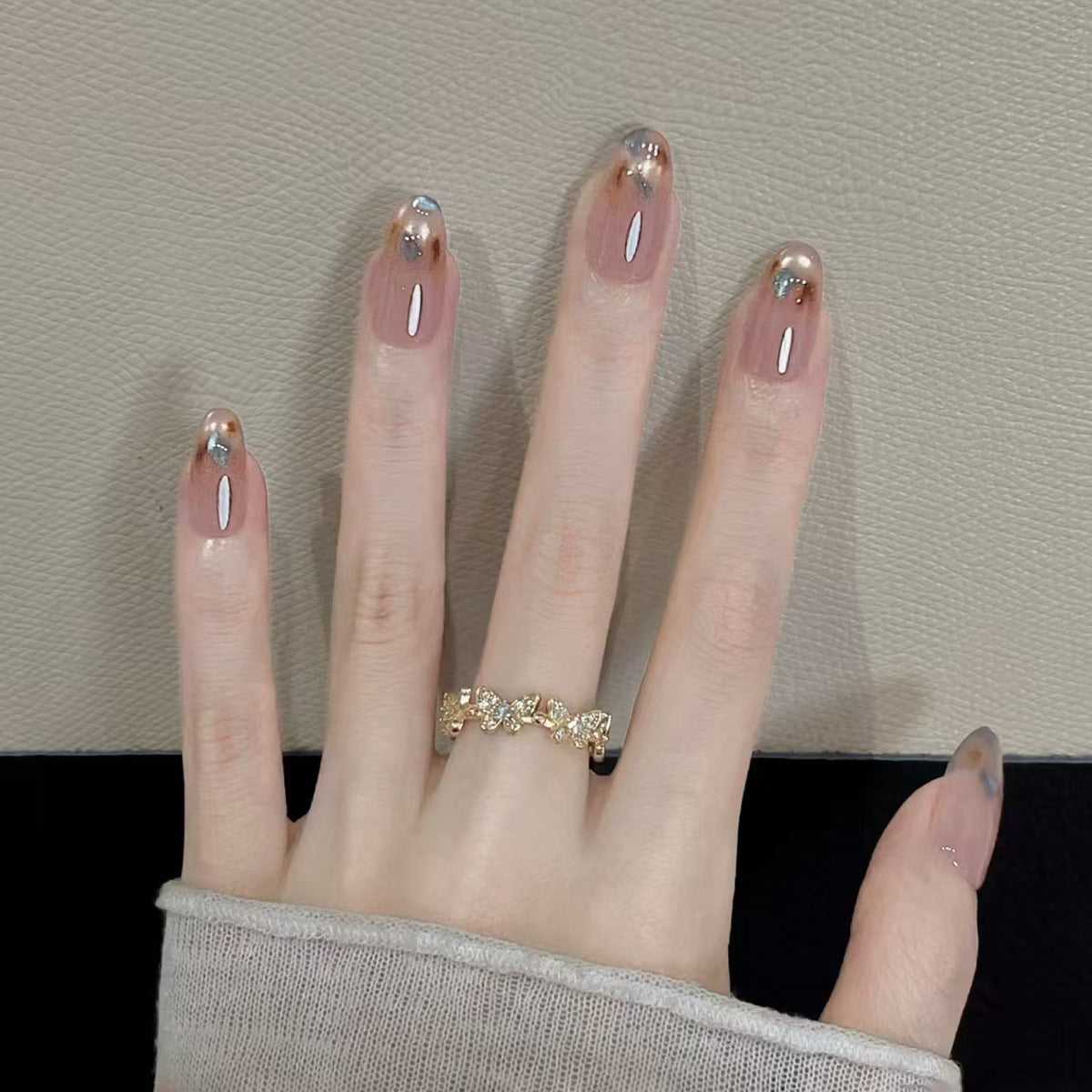 Glamorous Chic Medium Almond Beige with Shimmering Metallic Tips Press On Nail Set