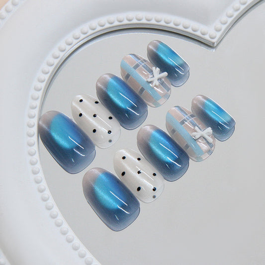 Ocean Breeze Medium Oval Blue and White Ombre Design with Nautical Accents Press On Nail Set
