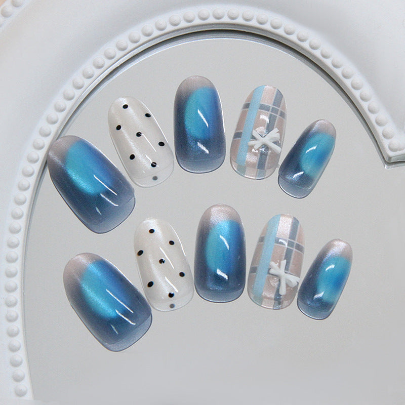 Ocean Breeze Medium Oval Gradient Blue Press On Nail Set with Charming Bow Accent and Polka Dot Design