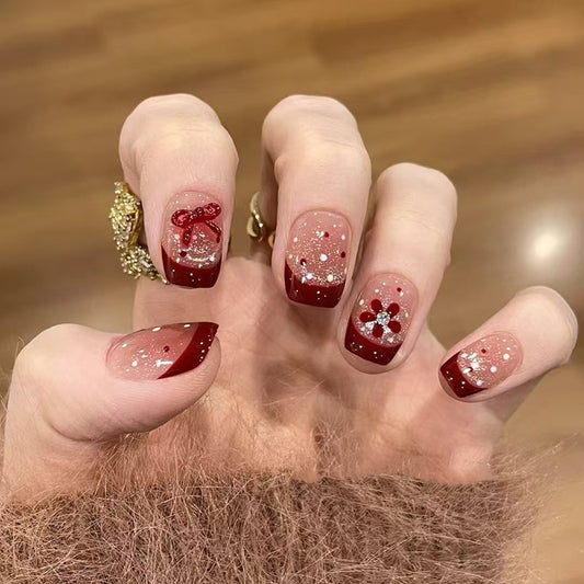 Charming Winter Wonderland Medium Square Burgundy Glitter Press On Nail Set with Decorative Bows and Flowers