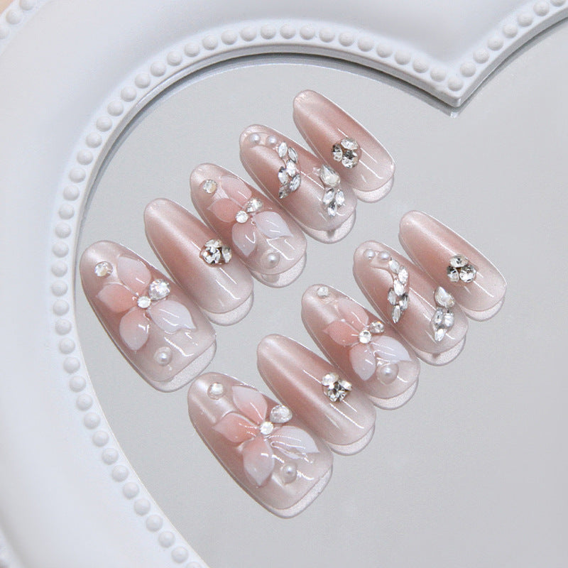 Whimsical Blossom Elegant Press On Nail Set Long Oval Blush Pink Floral Design with Rhinestone Accents