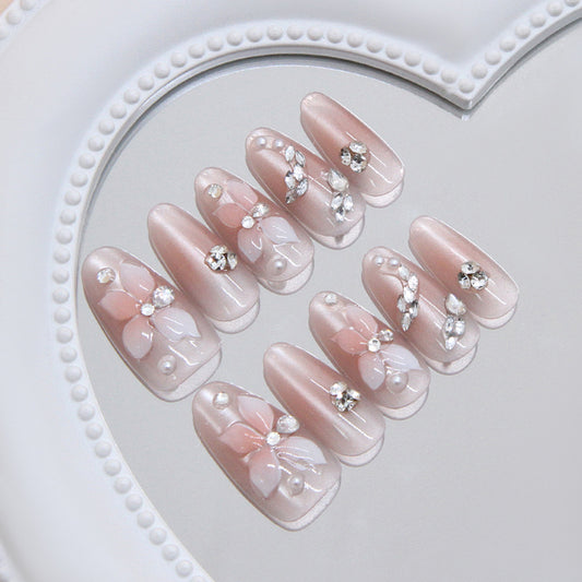 Whimsical Blossom Elegant Press On Nail Set Long Oval Blush Pink Floral Design with Rhinestone Accents