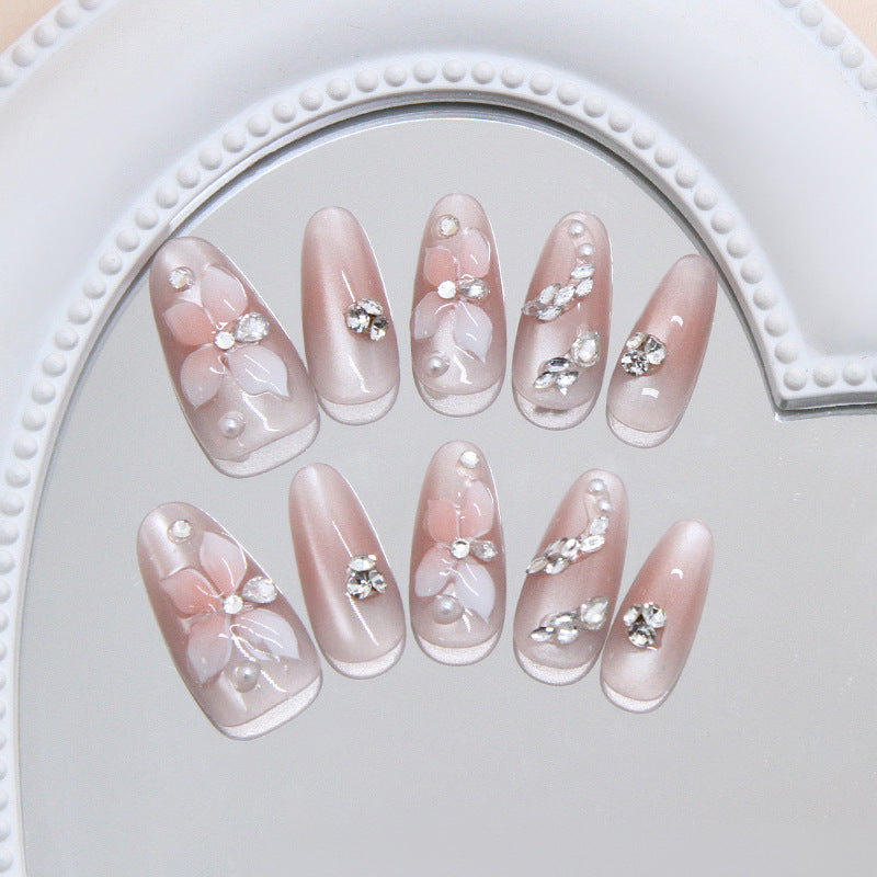 Floral Dreams Long Oval Pink Press On Nail Set with Gemstone Embellishments