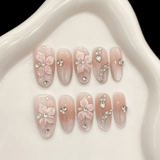 Blossom Dreams Press On Nail Set Long Soft Pink Oval with Floral Embellishments and Glitter Accents