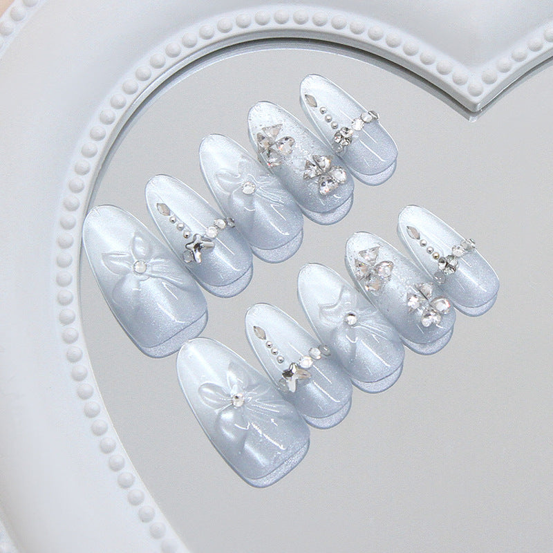 Dreamy Elegance Long Almond Shaped Frosted Blue Press On Nail Set with Rhinestone Accents